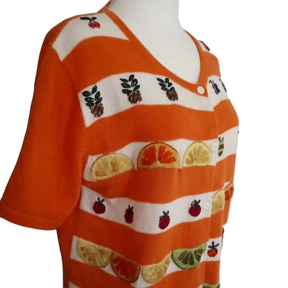 Vintage Great Cavalier Orange White Stripe Fruit Embroidered Knit Top Size Small - Picture 3 of 7